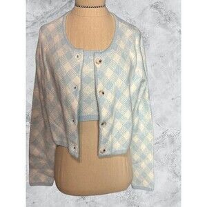 Mable 2 piece set Plaid Sweater Set Blue White Tube Top Cardigan Size Small